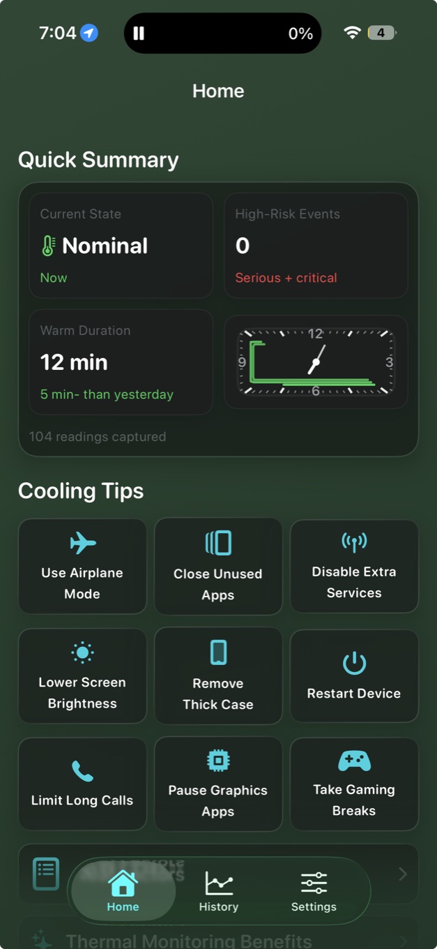 Sabja Home screen showing Nominal Thermal State, Quick Summary, and Cooling Tips